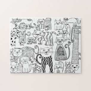 Puzzle Gatos Arte Dibujado a Mano Negro y Blanco Divertid