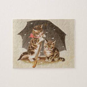 Puzzle Gatos Atigrados Antiguos Bajo Paraguas Arte de Gat
