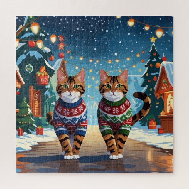 Puzzle Gatos Bengalí Navidad Nieve Fiesta (Vertical)