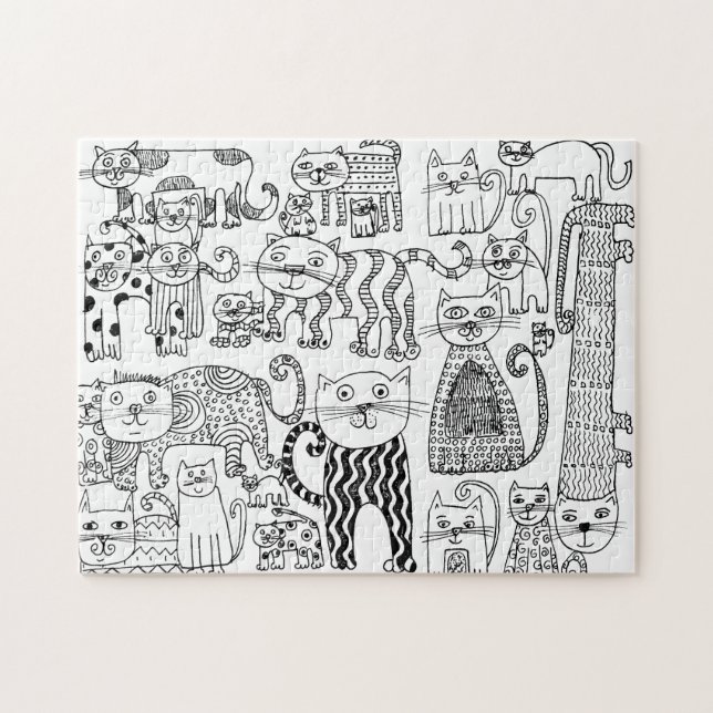 Puzzle Gatos Black and White Fun Hand Drake Art (Horizontal)