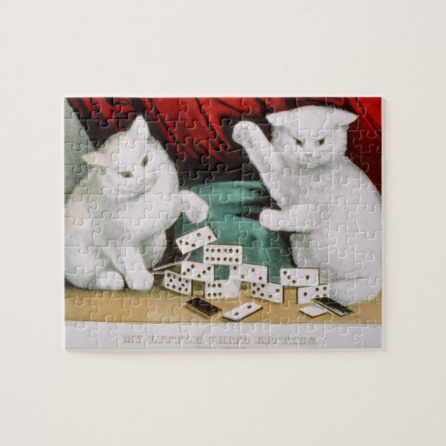 Puzzle Gatos Blancos Cristales Jugando Dominoes-Currier & (Horizontal)