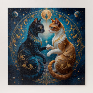 Puzzle Gatos Celestiales en Arte Cósmico con Oro y Azul