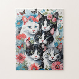 Puzzle Gatos con flores y mariposas rosas