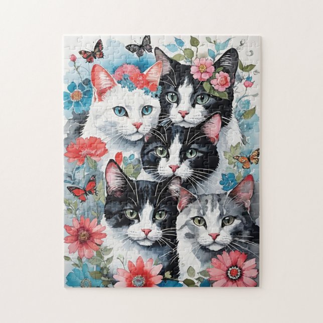 Puzzle Gatos con flores y mariposas rosas (Vertical)
