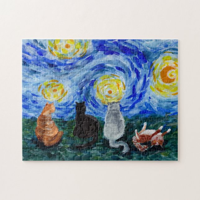 Puzzle Gatos con pintura de acuarela inspirada en noche d (Horizontal)