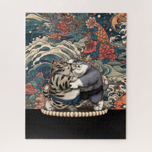 Puzzle Gatos de sumo con fondo de arte japonés