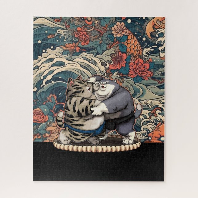 Puzzle Gatos de sumo con fondo de arte japonés (Vertical)