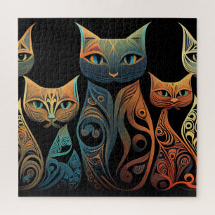 Puzzle Gatos decorativos en líneas teal naranja y doradas
