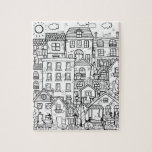 Puzzle Gatos divertidos regalo detallado de color blanco<br><div class="desc">Diseño en blanco y negro para el colorido relajante,  pintoresco y acogedor pueblo con casas y lindos gatos,  encontrar y colorear todos los gatos que se esconden en esta ciudad. Este rompecabezas funcionaría bien como un regalo para un amante del gato.</div>