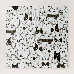 Puzzle Gatos Doodle: divertido patrón sin costuras.