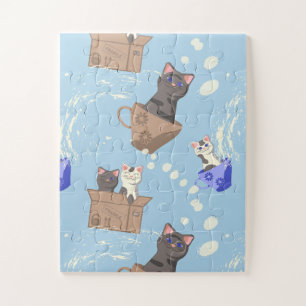 Puzzle Gatos en caja y gotas de leche en azul