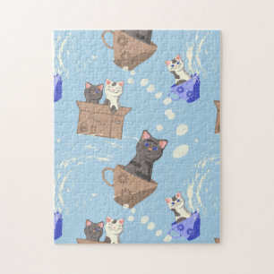 Puzzle Gatos en caja y gotas de leche en azul