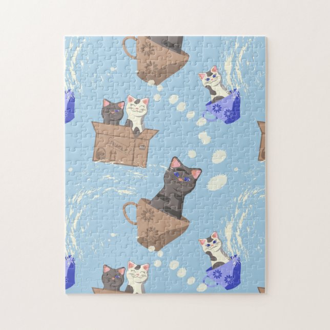 Puzzle Gatos en caja y gotas de leche en azul (Vertical)