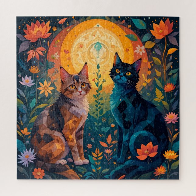 Puzzle Gatos en escena natural con elementos geométricos (Vertical)