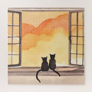 Puzzle Gatos en la ventana Silueta de acuarela al atard