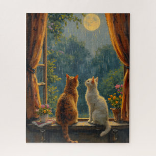 Puzzle Gatos mirando la luna y la lluvia