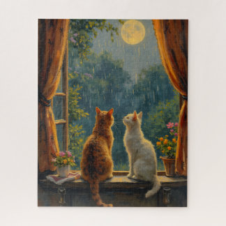 Puzzle Gatos mirando la luna y la lluvia