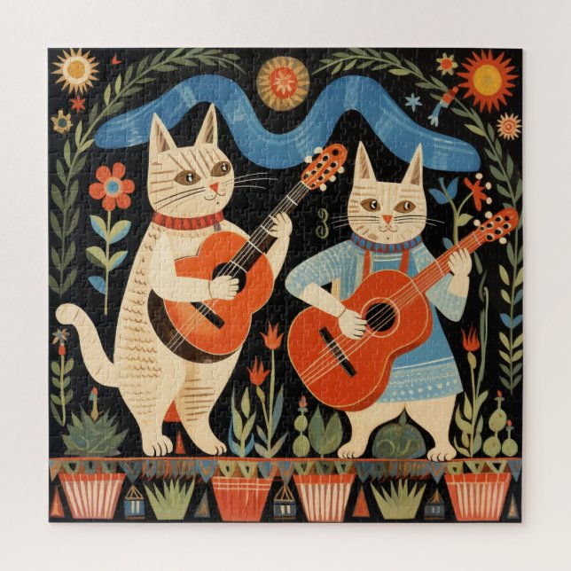 Puzzle Gatos musicales arte popular (Vertical)