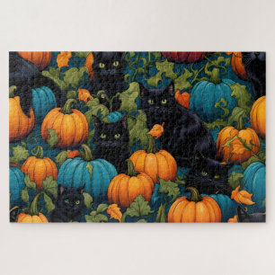 Puzzle Gatos negros en un parche de calabaza - Halloween