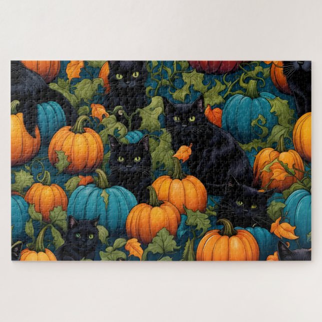 Puzzle Gatos negros en un parche de calabaza - Halloween (Horizontal)