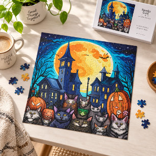 Puzzle Gatos Negros Espeluznantes Pueblo Embrujado Noche