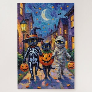 Puzzle Gatos negros pidiendo dulces con disfraces de Hall