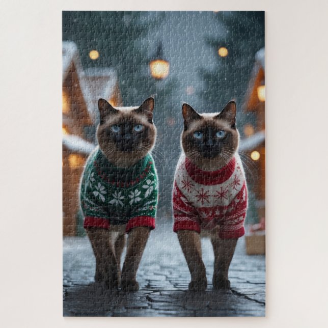 Puzzle Gatos siameses Navidad Nieve Fiesta (Vertical)