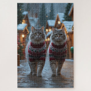 Puzzle Gatos Siberianos Navidad Nieve Fiesta