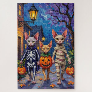 Puzzle Gatos Sphynx haciendo 'trick-or-treat' con disfraz