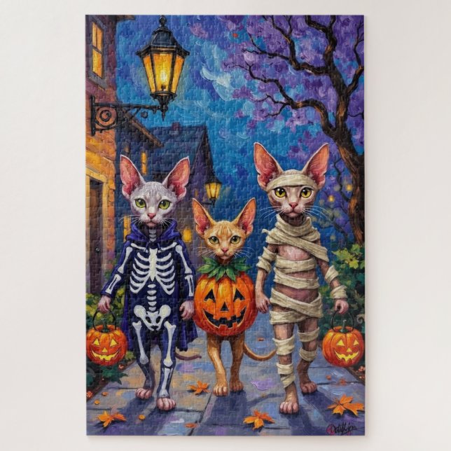 Puzzle Gatos Sphynx haciendo 'trick-or-treating' con disf (Vertical)