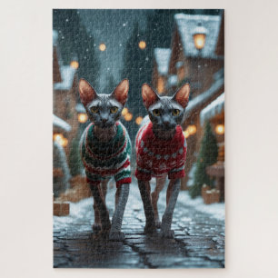 Puzzle Gatos Sphynx Navidad Nieve Fiesta