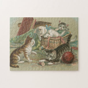 Puzzle Gatos victorianos antiguos jugando en una cesta de