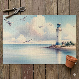 Puzzle Gaviotas de faro costero Cielo pastel Serenidad