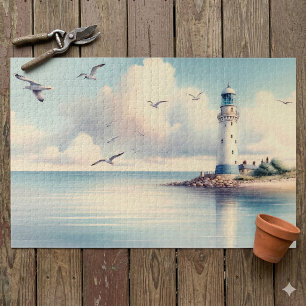 Puzzle Gaviotas de faro costero Cielo pastel Serenidad