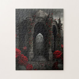 Puzzle Gazebo, cementerio gótico con rosas rojas en la no