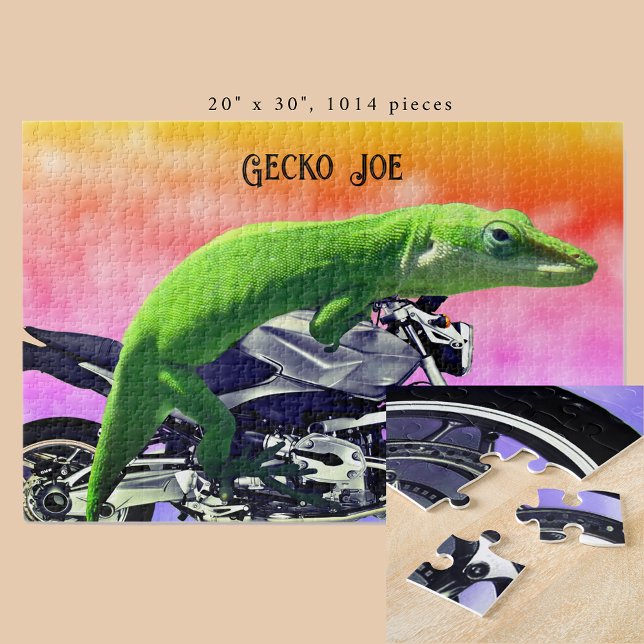 Puzzle Gecko Motorcycle Rider Pink Horizon Añadir nombre  (Gecko Motorcycle Rider Pink Horizon Add Name 20x30 Jigsaw Puzzle)
