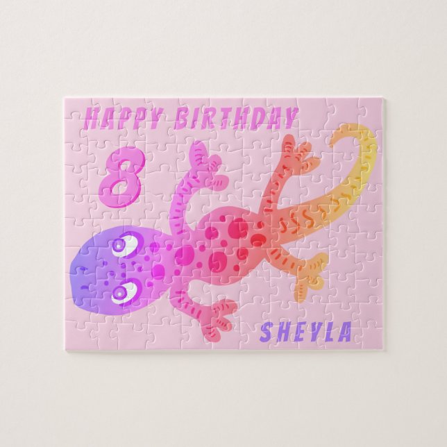 Puzzle Gecko rosa lindo Chica Lizard Cumpleaños Rompecabe (Horizontal)