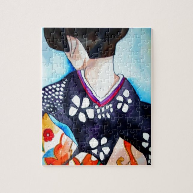 Puzzle Geisha con pintura original de kimono azul oscuro (Vertical)