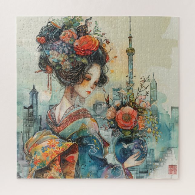 Puzzle Geisha Hermosa con Flores (Vertical)
