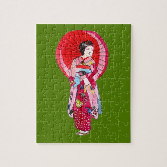 Puzzle Geisha japonesa kimono rojo arte lindo (Vertical)