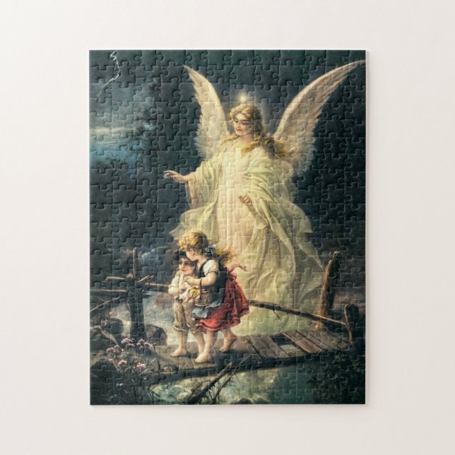 Puzzle Gel, de protección y dos niños en puente (Vertical)