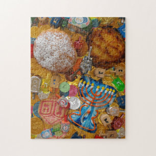 Puzzle Gelt, Dreidels, Menorah, Sufganiot, y Latke