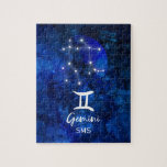 Puzzle Gemini Constelación Zodiaca Galaxia Azul Monograma<br><div class="desc">Diseño en monograma de galaxia azul de la constelación zodiaca de Gemini. Con el estilo de moda Brushed Script Font, textura de fondo de color azul oscuro celeste, constelación brillante y el símbolo The Twins. Rótulo Astrológico Moderno Horóscopo de Nacimiento, es perfecto para cualquier cumpleaños de Gemini del 21 de...</div>