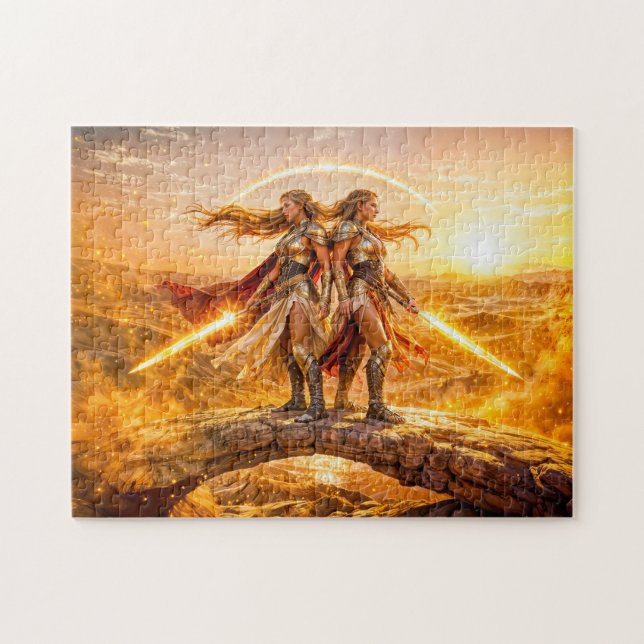 Puzzle Gemini Zodiac with Twin Warrior Women and Glowing  (Horizontal)