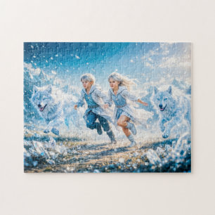 Puzzle Gemini Zodíaco con Niños Gemelos y Lobos Blancos