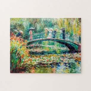 Puzzle Gente en el puente del jardín con nenúfares