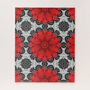 Puzzle Geometric Daisy Pattern in Red Black & White