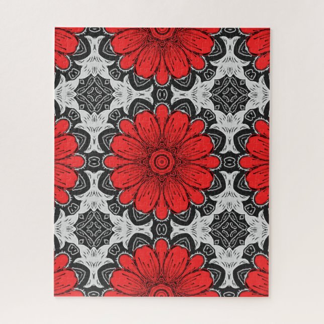 Puzzle Geometric Daisy Pattern in Red Black & White  (Vertical)