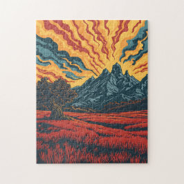 Puzzle Geometric Mountain Peaks and Red Field Graphic Art