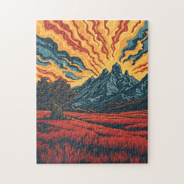 Puzzle Geometric Mountain Peaks and Red Field Graphic Art (Vertical)
